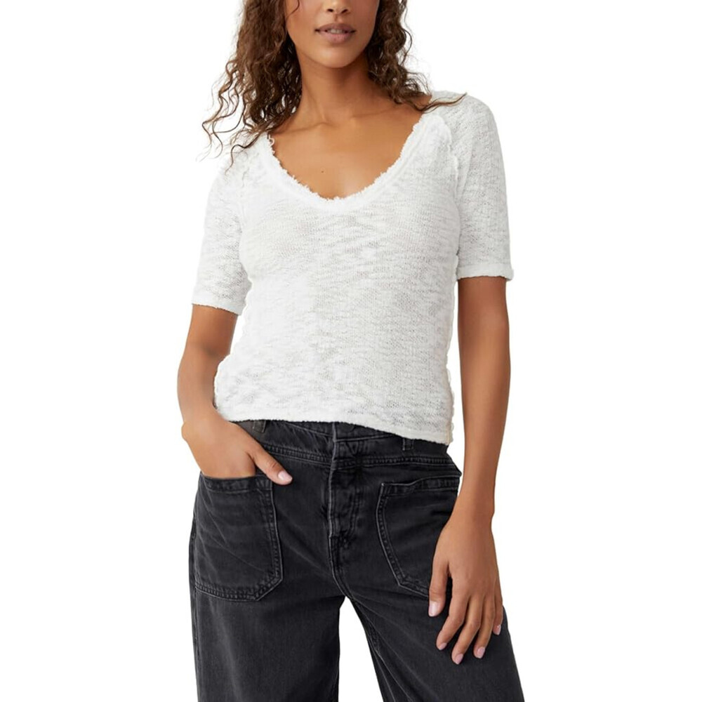 Free People We The Free Francis Top Womens Ivory Scoop Neck Short Sleeve RED1236